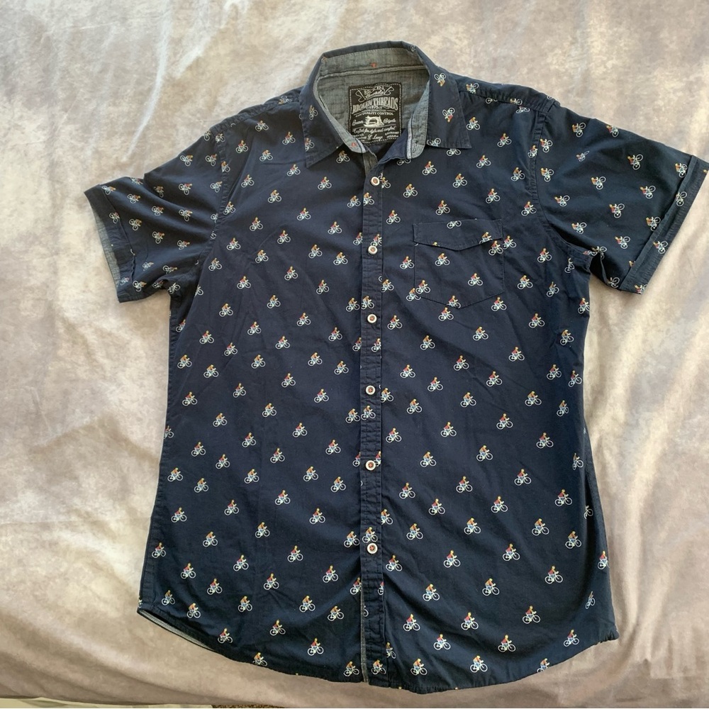 Broken Threads Mens Xl Button down shirt bicycle print navy blue 100% cotton